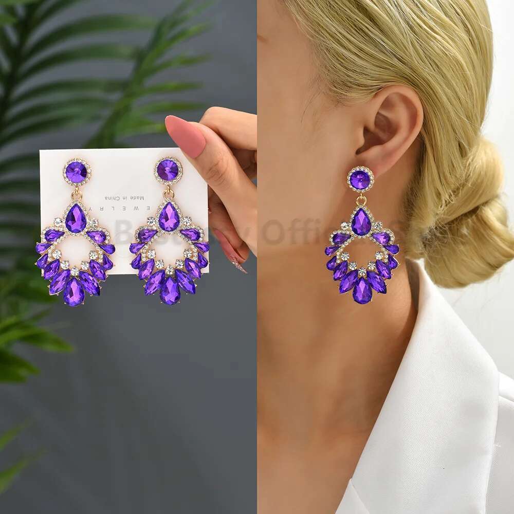 Purple Collection Fashion Crystal Drop Dangle Earrings For Women Designer Trendy Heart Petals Round Pendant Party Jewelry