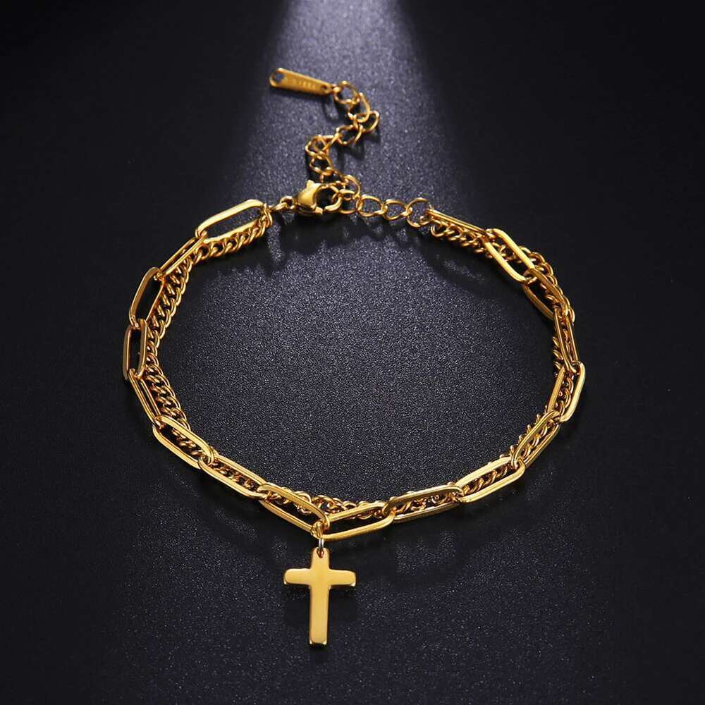 Women's Cross Pendant Bracelet Stainless Steel Double Layer Bracelets For Men Women Birthday Gifts