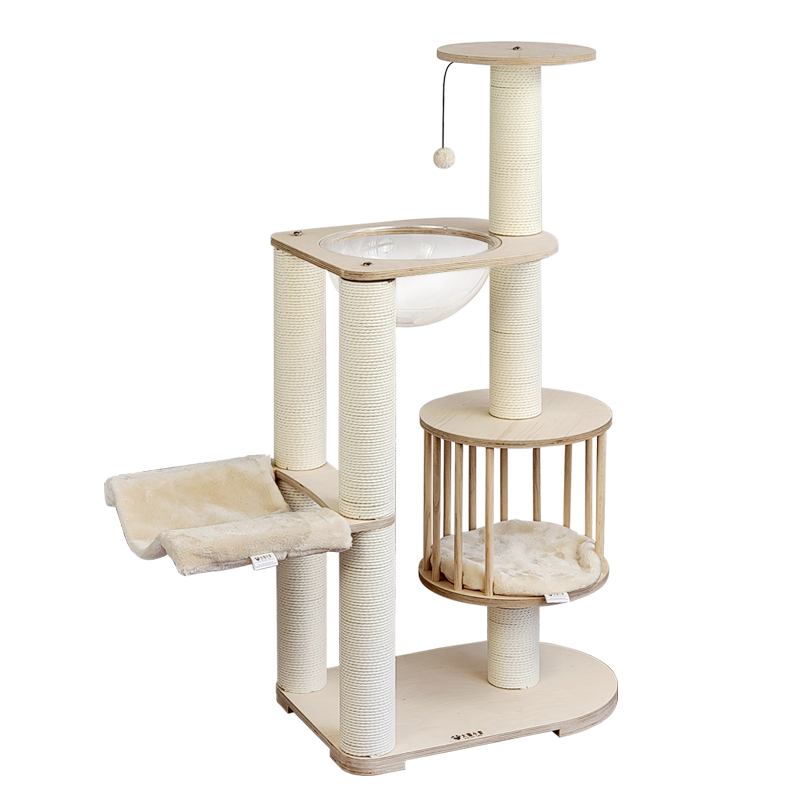Beige, High 41.6 Inch.Cat Tree Eco-Friendly Solid Timber Multi-Level Large Cat Tree Tower Tall Perfect Playground