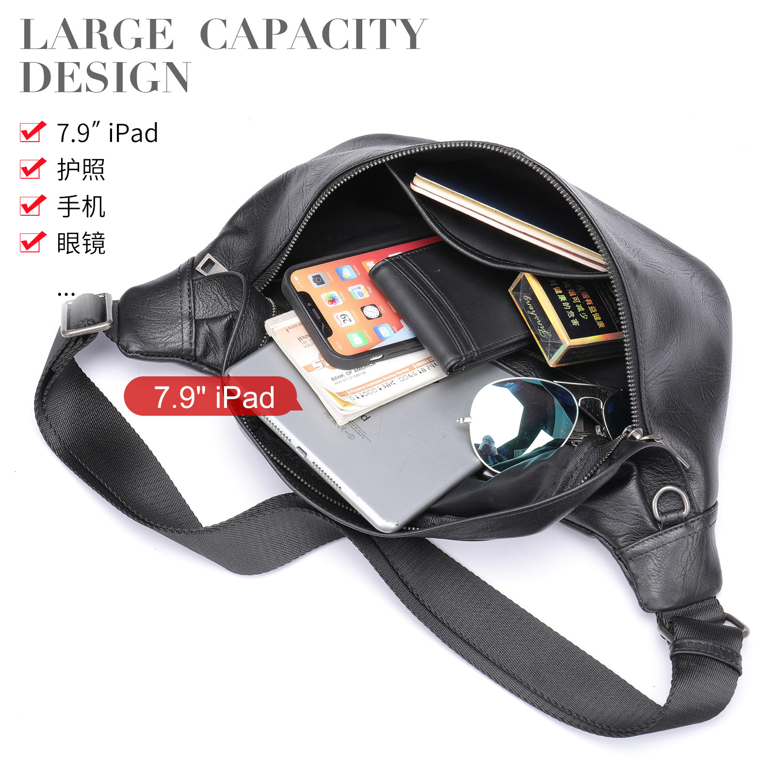 Maronite Trendy Fashion Top layer Cowhide Men's Chest Wear resistant Large Capacity Outdoor Genuine Leather Waist Bag for Men