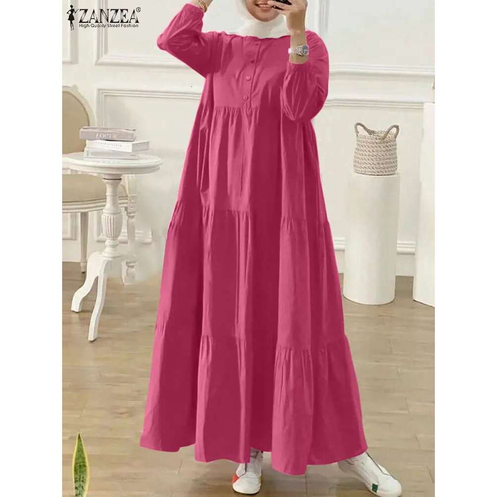 ZANZEA O Neck Casual Loose Maxi Dress Tiered Islamic Hijab Women Sleeve Long Vestidos Muslim Fashion Autumn Abaya Robes