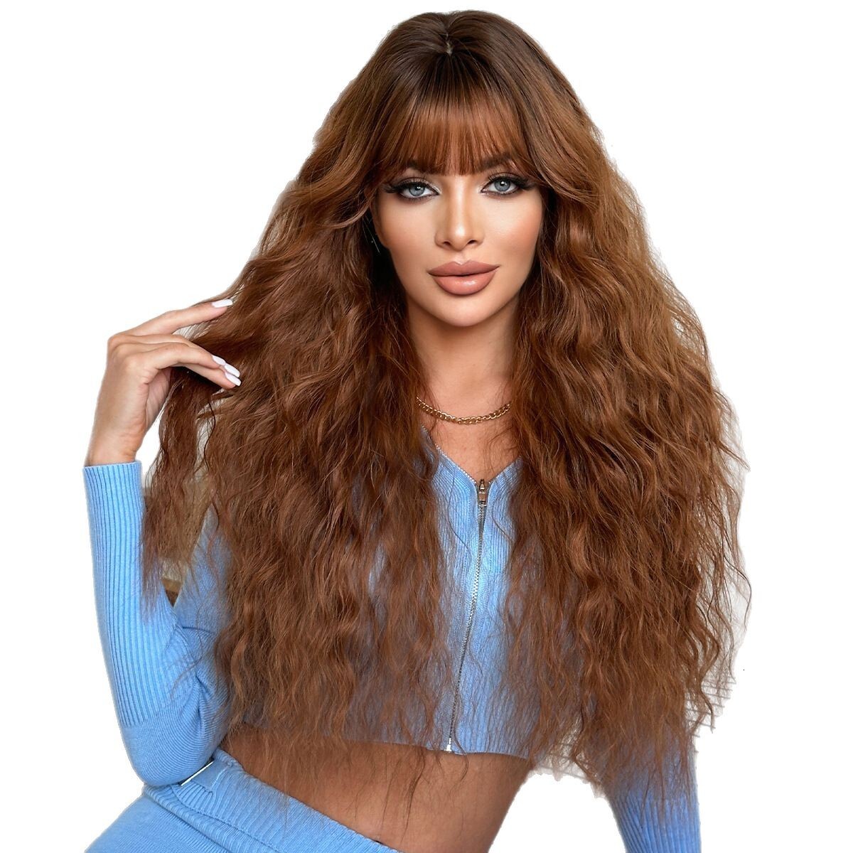 red Brown extra long wig full head set with big wavy curly hair daily fluffy rose net high-quality wig