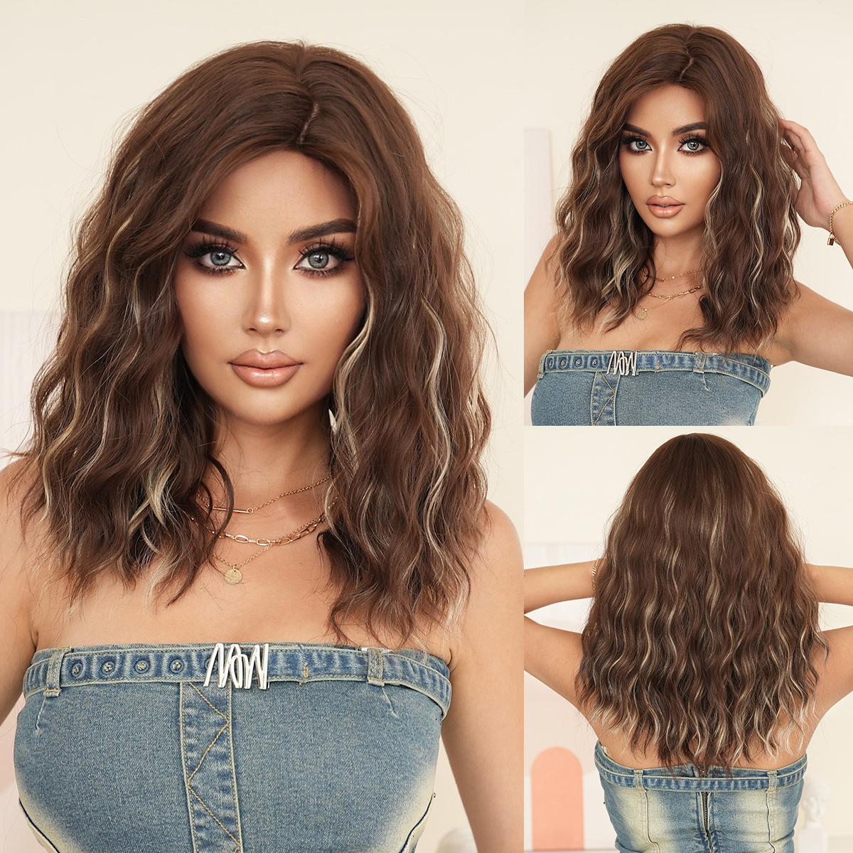 brown Natural wig for women shoulder length curly hair with side parted bangs dyed gold synthetic heat-resistant fiber wig