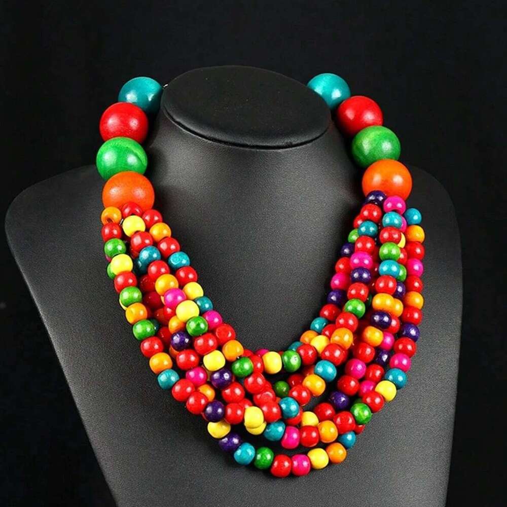 African Style Bohemian Multi-Layer Wooden Bead Handmade Beaded Bib For Women Summer Jewelry Accessories Choker Necklace