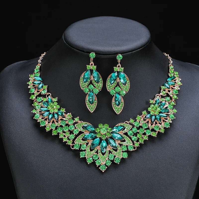 KMVEXO Exquisite Leaves Green Crystal Sets For Women Wedding Party Jewelry Accessories Stud Earrings & Necklace Set Gift