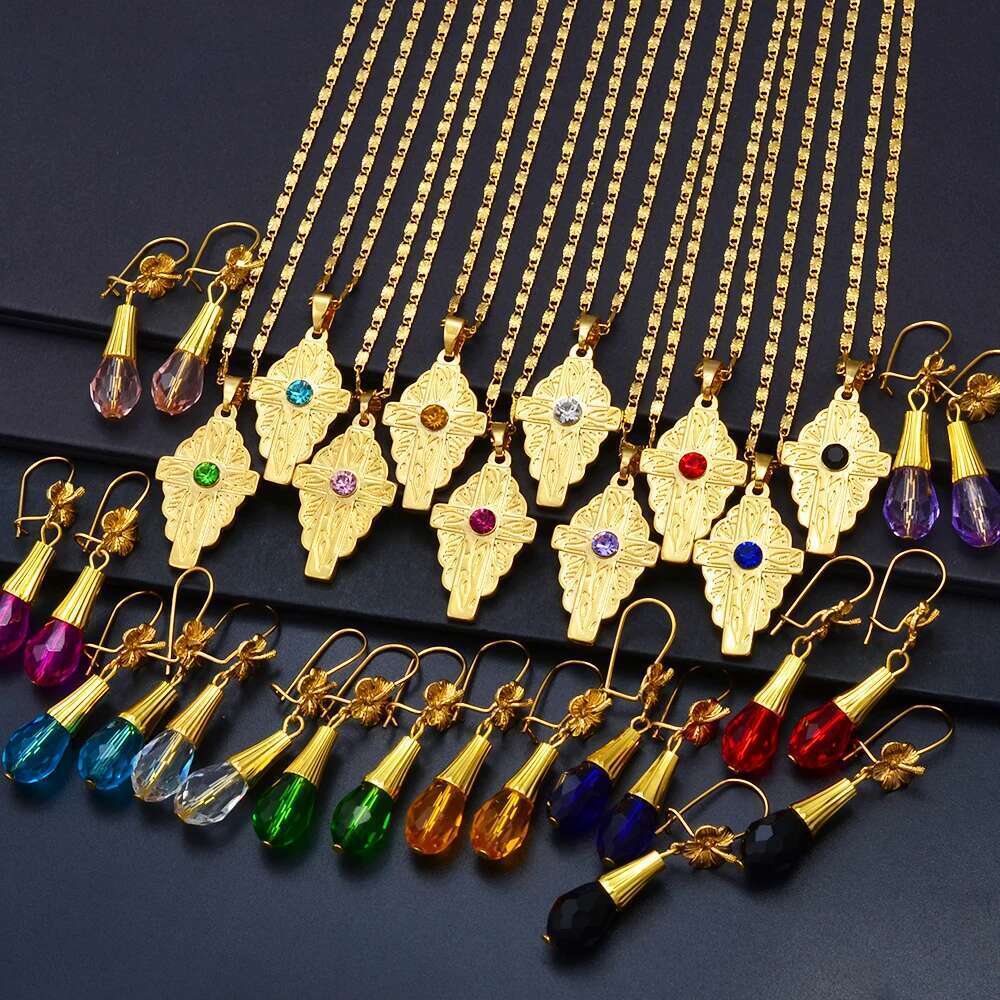 Anniyo Hawaiian Bead Ball Jewelry Sets Cross Pendant Necklaces Colored Crystal Earrings Guam Micronesia Chuuk Pohnpei #253006
