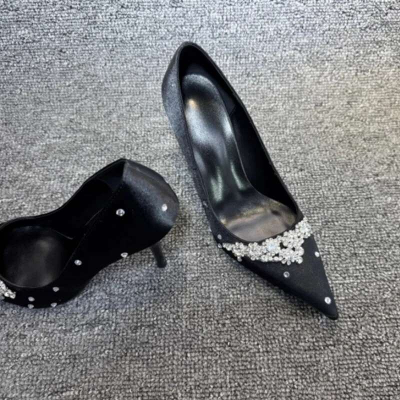 Fashion Designer Rhinestone High Heels Slip Pointed Women Metallic Decorated Shoes Banquet Stiletto Hee