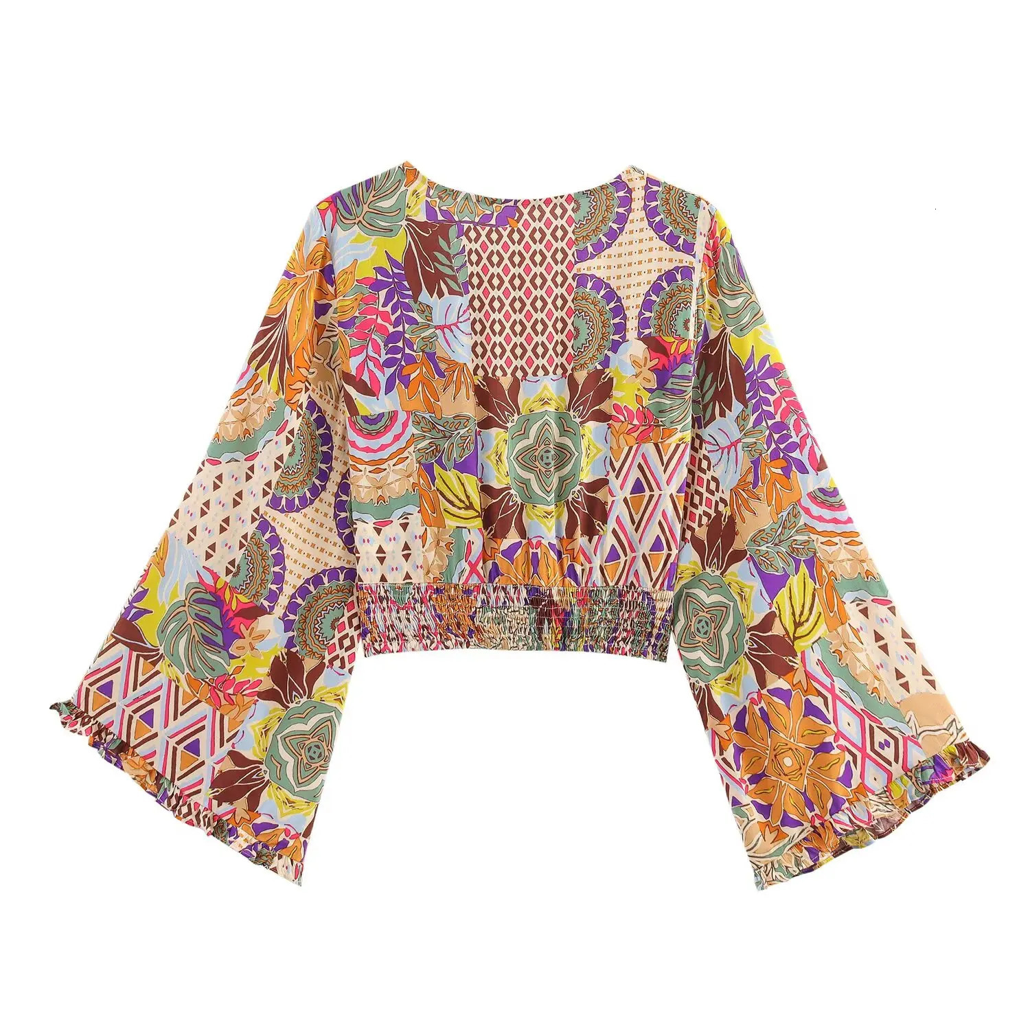 womens clothing set for featuring a brushed waist and Vbow tie with crop top Bohemian print on the front suitable daily wear 250530