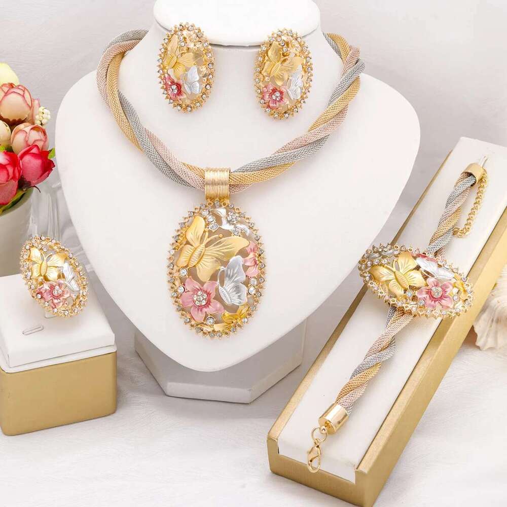 Butterfly African Necklace Dubai Gold Plated Jewelry Set For Women Wedding Bridal Travel Party Bracelet Earrings Ring