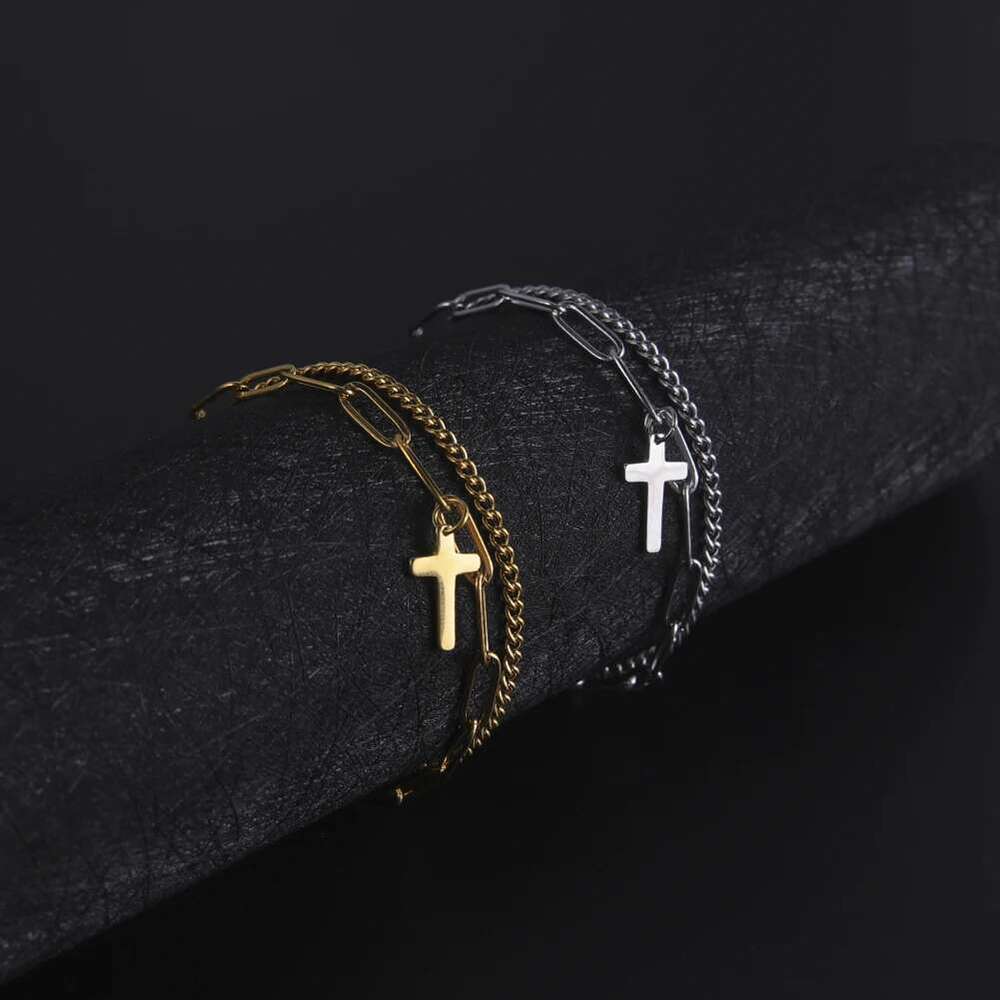 Women's Cross Pendant Bracelet Stainless Steel Double Layer Bracelets For Men Women Birthday Gifts