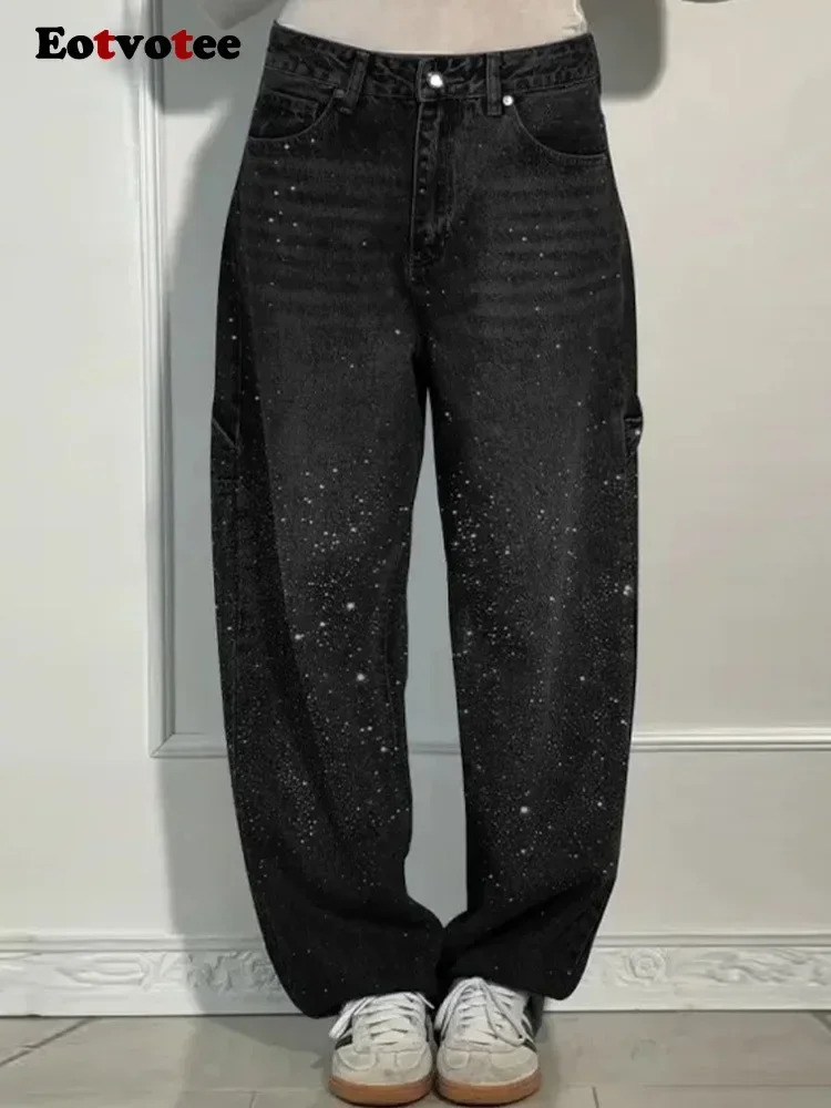 Retro Rhinestone loose jeans for women Y2K Korean fashion high waist wide leg pants casual straight 250428