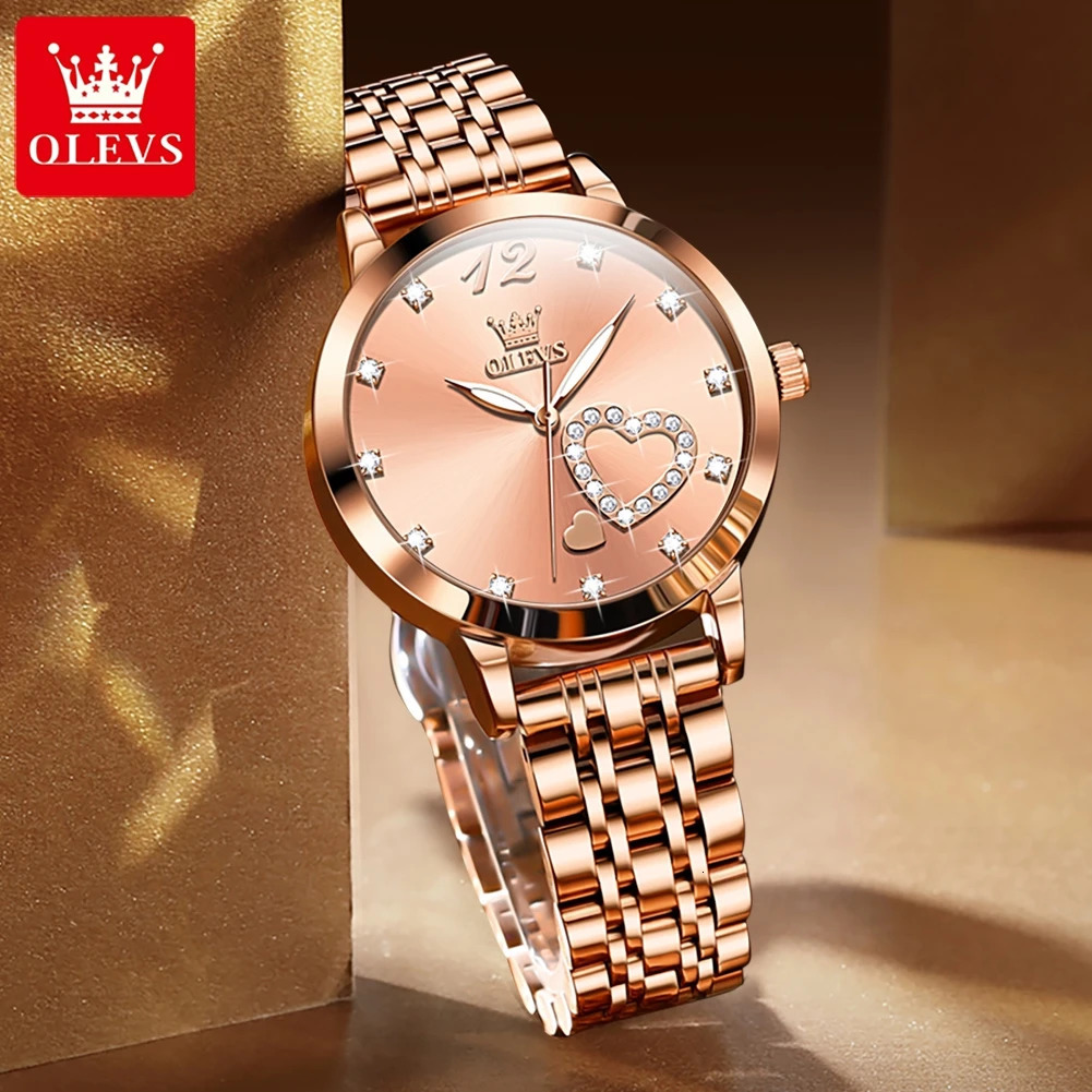 OLEVS Japanese Quartz Womens Watch Stainless Steel Bracelet Love Dial Fashionable and Elegant Waterproof Luminous Quartz Womens Watch 250425