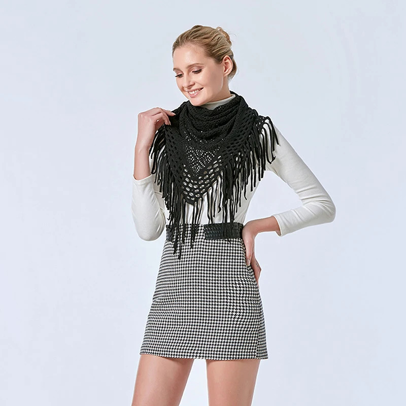 Plain Knitted Tassels Hollow Triangle Scarf Shawl Women Cotton Soft Wrap Ladies Air-conditioned Room Capa Simple Elegant Scarves 250430