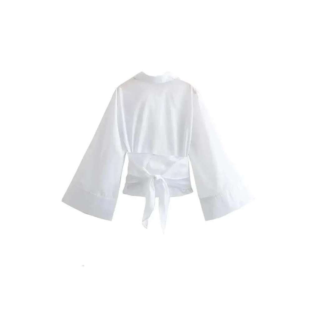 Trza-Women's Long Sleeve Kimono Blouses With Bow Tie, Front Button, Female Shirts, Chic Tops, Fashion