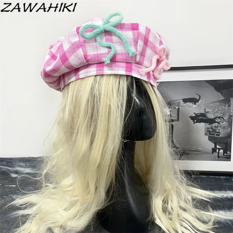 Y2k Sweet Beret Womens Flat Bow Patch Work Boinas Para Mujer Korean Contrastive Color Hat Cute Preparatory Office Womens Fashion Beret 250430