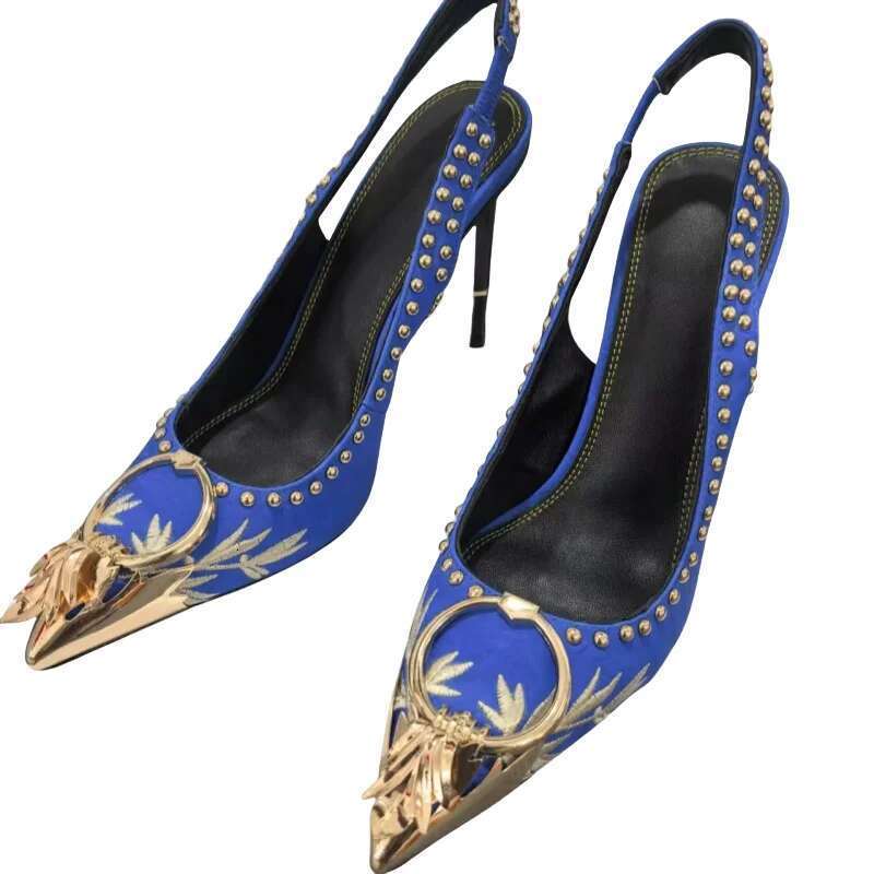 2025Pointed Back Strap Shoes Luxurious Embroidered Brand Designer Women Sandals Metal Toe Ladies High Heels