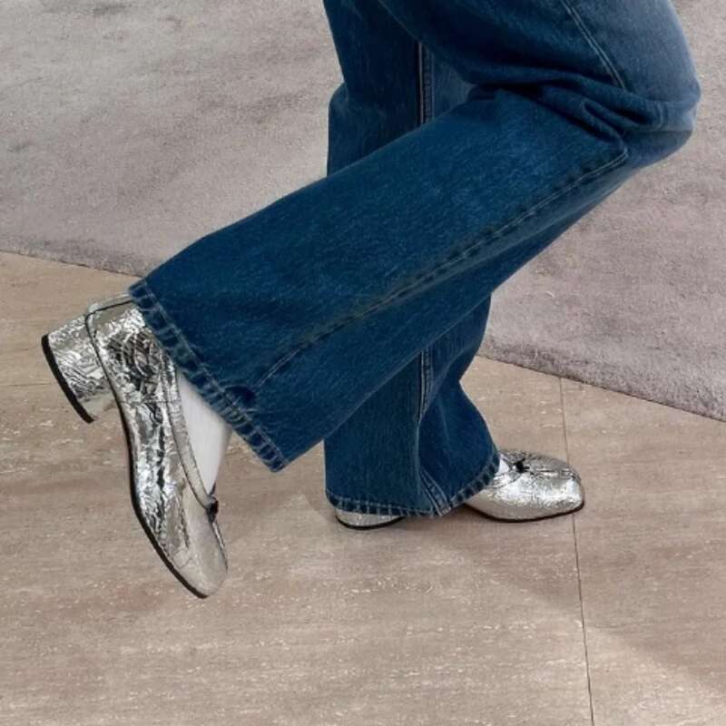 2025 Shiny Sier Women Slip-on Ballet High Heels Mirrored Tabi Fashionable Women's Casual Shoes