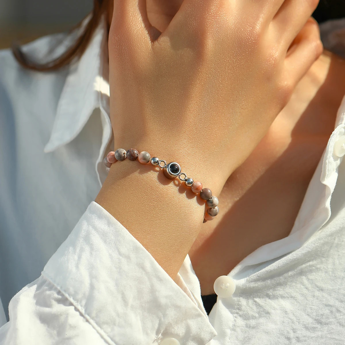 6mm Natural Stone Bead Bracelet Custom Picture Projection Bracelet Personalized Custom Po Jewelry Anniversary Memorial Gift 250430