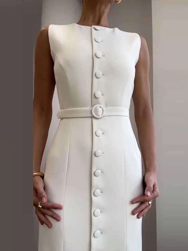 Womens long summer casual simple solid sleeveless round neck single chest dress fastened waist lace workwear W250430
