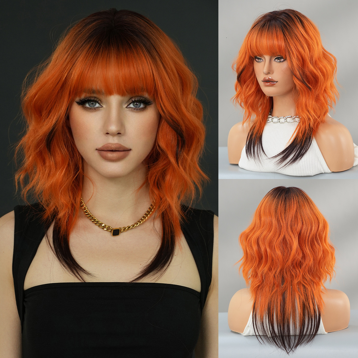 red Green orange colored wolf tail wig fashionable shoulder length womens curly hair synthetic high-temperature silk wig