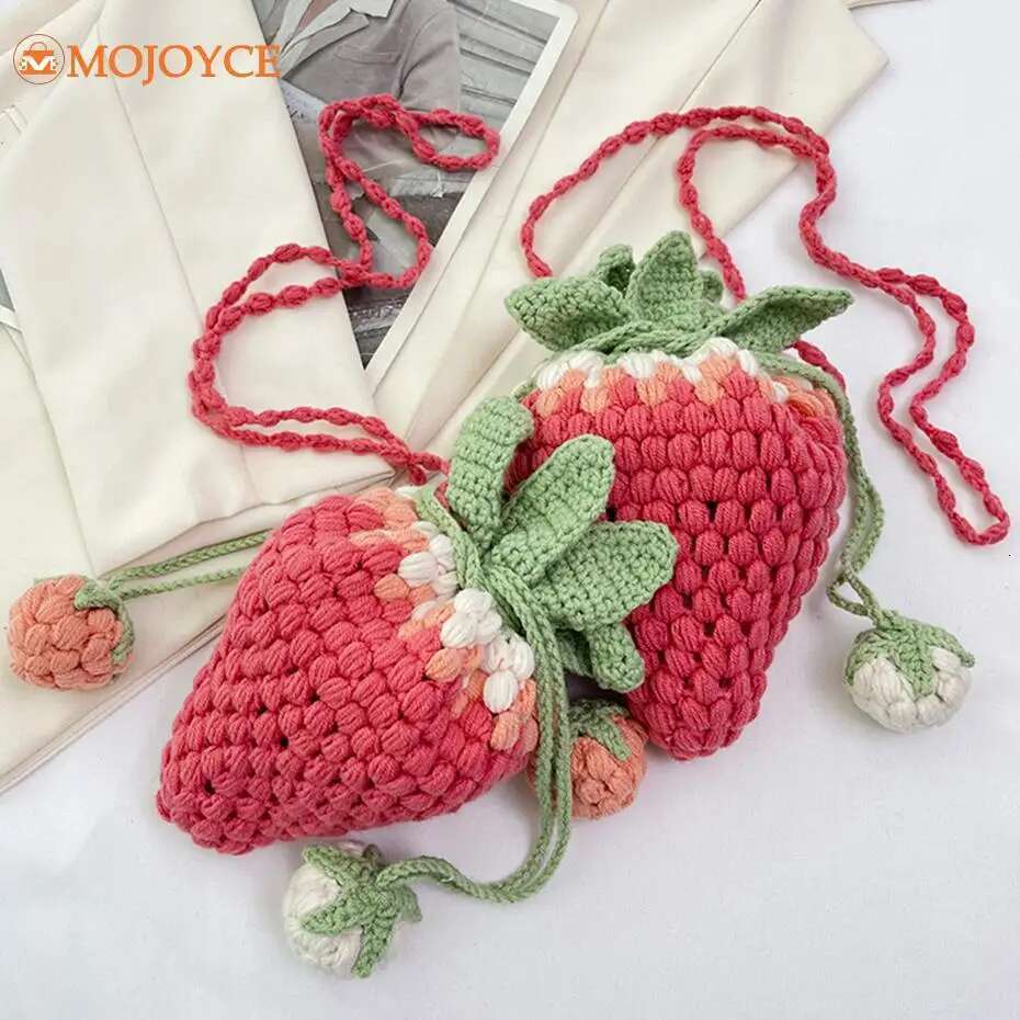 Novelty Handmade Strawberry Knitted Crossbody DIY Personalized Crochet Wool Small Satchel Bag Cartoon Cute Sling Purses