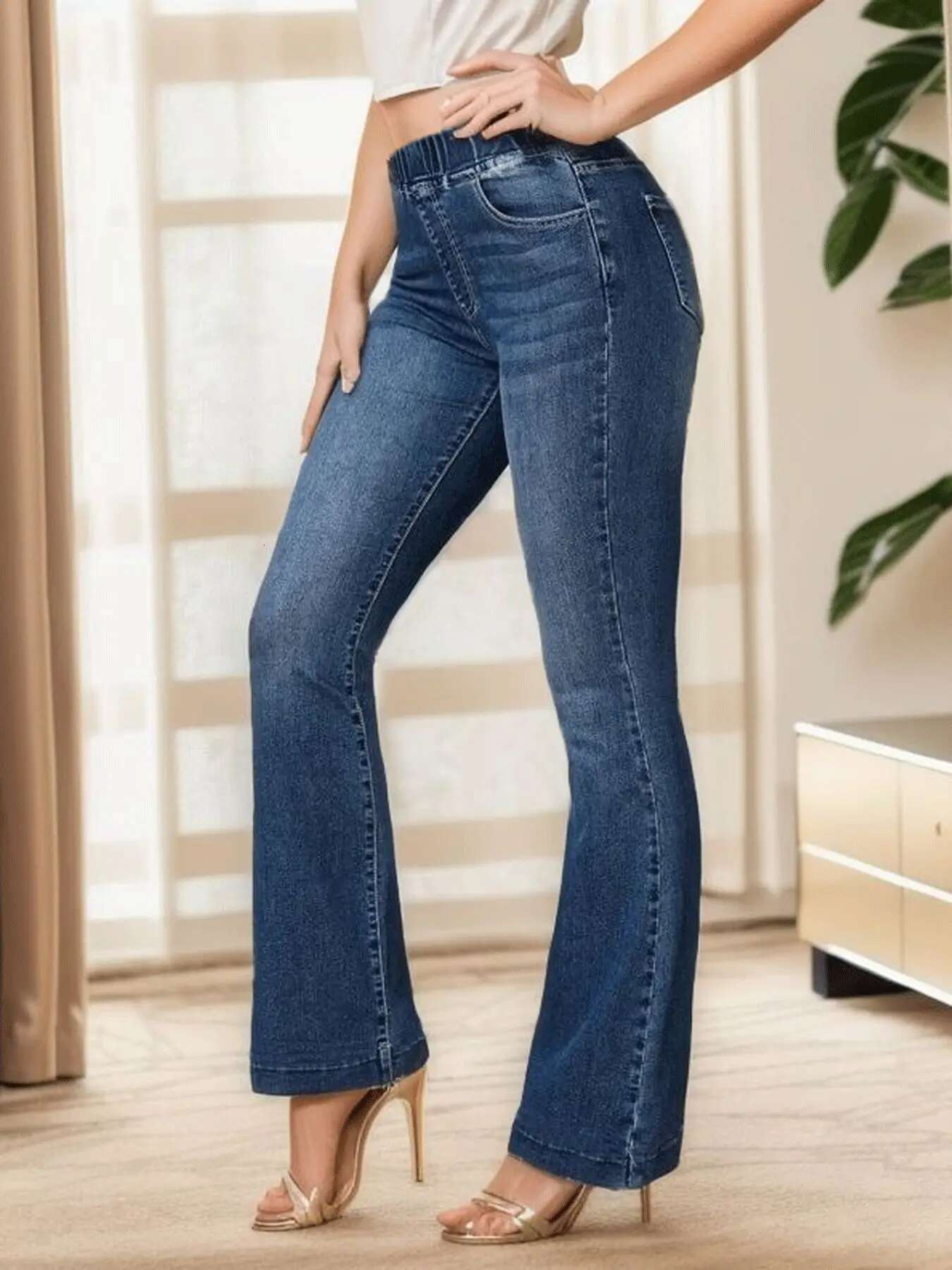 Spring fashion New Fashion High Stretch Elastic Waist Boot Cut Jeans Slim Fit Hip Lift Denim Flared Pants Casual Skinny Trousers