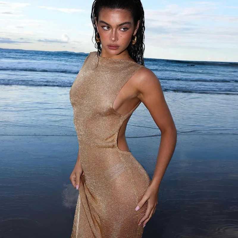 2025 Shiny Long Womens Amazing Summer Thin Mesh Transparent Sleeveless Womens Elegant Fashion Sexy Party Dress W250430