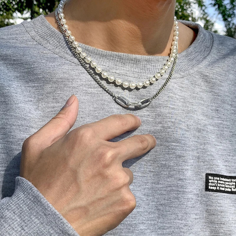 Punk hiphop necklace retro creative geometric n pearl chain personalized for women and men jewelry gift 250415