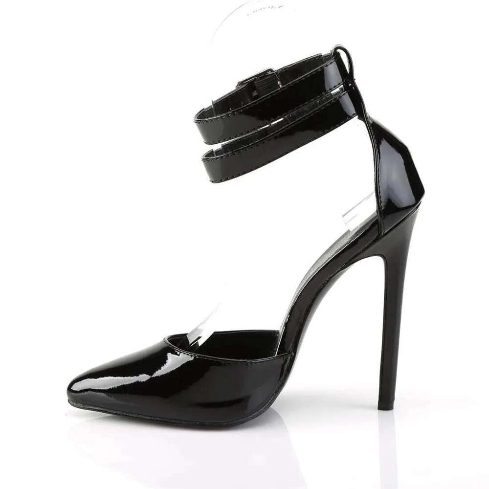 Ankle Buckle Pointed High Shallow Mouth Stilettos Patent Leather Sandals With Heels Fashionable Buckled Women Shoes