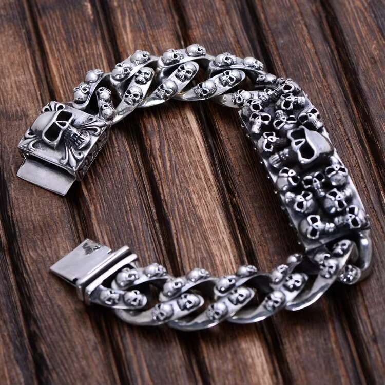 925 Sterling Silver Skull Bracelet for Men Thai Silver Punk Hip Hop Personality Bracelets