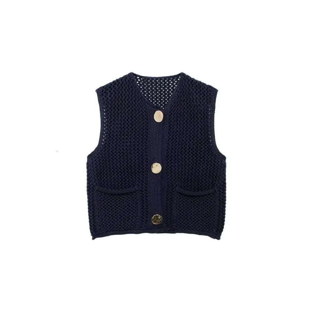 Trza-Women's Knitted Vest Sweater With Golden Buttons, O-Neck, Sleeveless, Patch Pockets, Female Outerwear, Chic Tops,Fashion