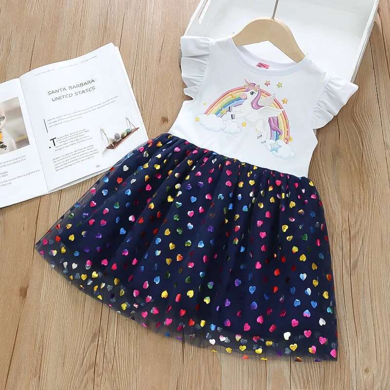 Summer New Girls' Flying Sleeve Rainbow Unicorn Princess Skirt Super Fairy Love Mesh Splicing Dress