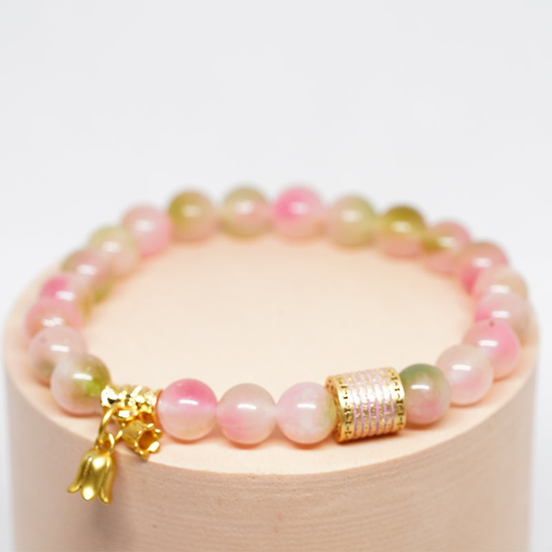 Five Mantra Crystal Bracelet -Peach Chalcedony Stone for Love & Happiness, Spiritual Boho Jewelry for Women