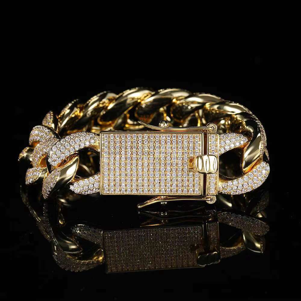 Hiphop Classic Iced Out Gold Plated Brass Cuban Link Chain with Moissanitefor Wedding Party Engagement or Anniversary Gift