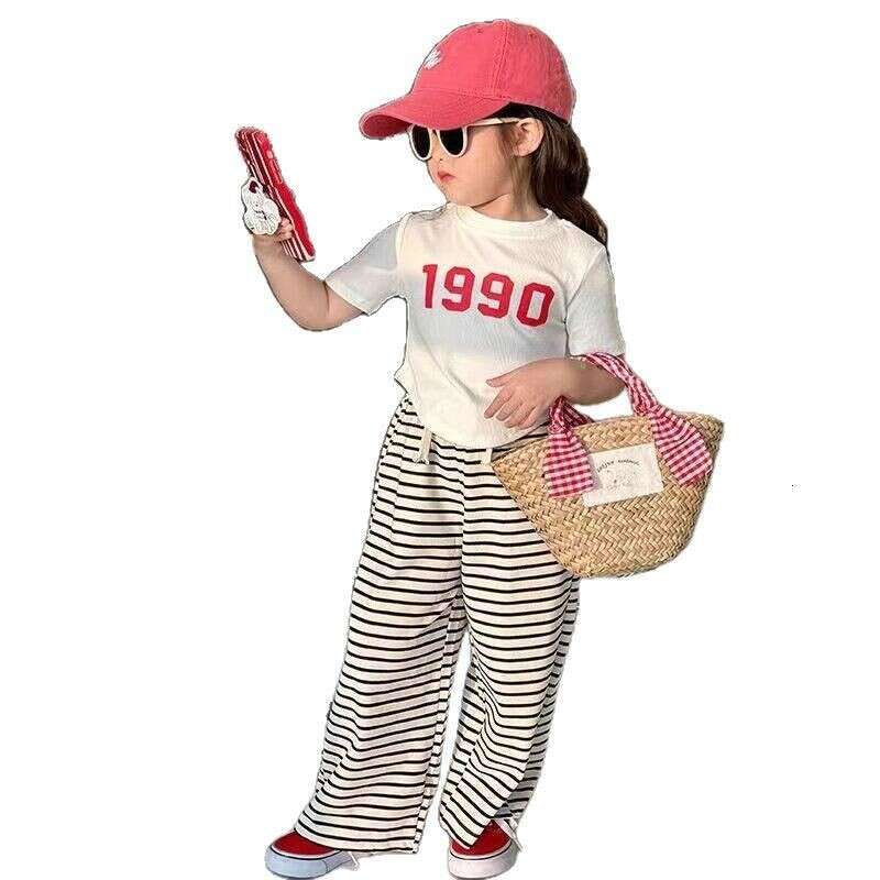 2024 Western Style Irregular Short Sleeved T-Shirt Striped Wide Legged Pants Korean Complete Of Girls Summer Set