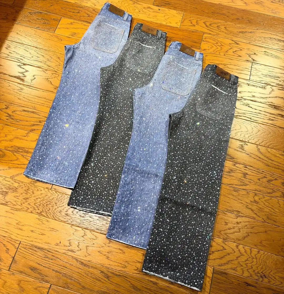 Gothic mens rhinestone sequin jeans Y2K clothing Harajuku hiphop fashion retro luggage low waist wide leg Trousers 250428