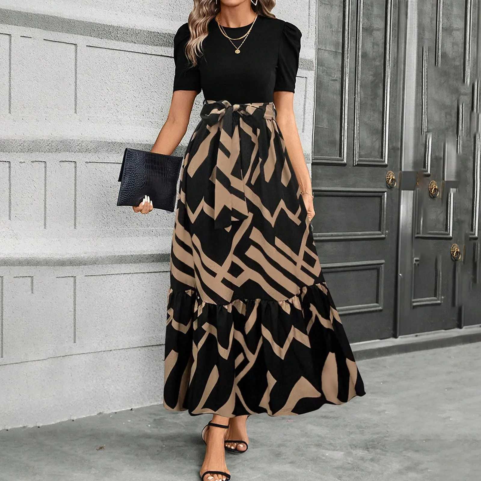 Elegant womens floral print high waisted long dress Y2k short sleeved round neck office uniform vest Para Mujer W250430