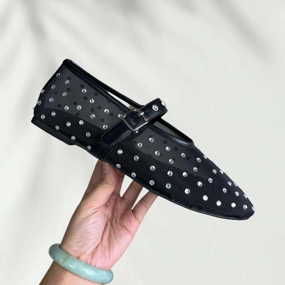 Breathable Flats Shiny Rhinestone Round Casual Shoe Elegant Buckle Soft Comfortable Sandals Women Shoes