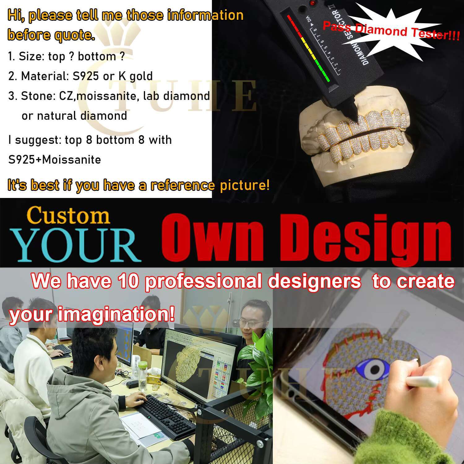 3D Printed Dental Mold Full Bust Down Style Iced Out Moissanite Grillz Rappers Hip Hop Jewelry Custom Teeth Grills for Men
