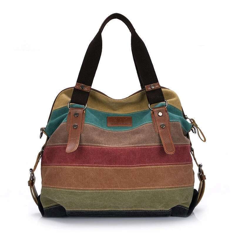 Yogodlns Canvas Totes Striped Womens Handbag New Patchwork Rainbow Shoulder Fashion Female Casual Crossbody Bag Sac a Main