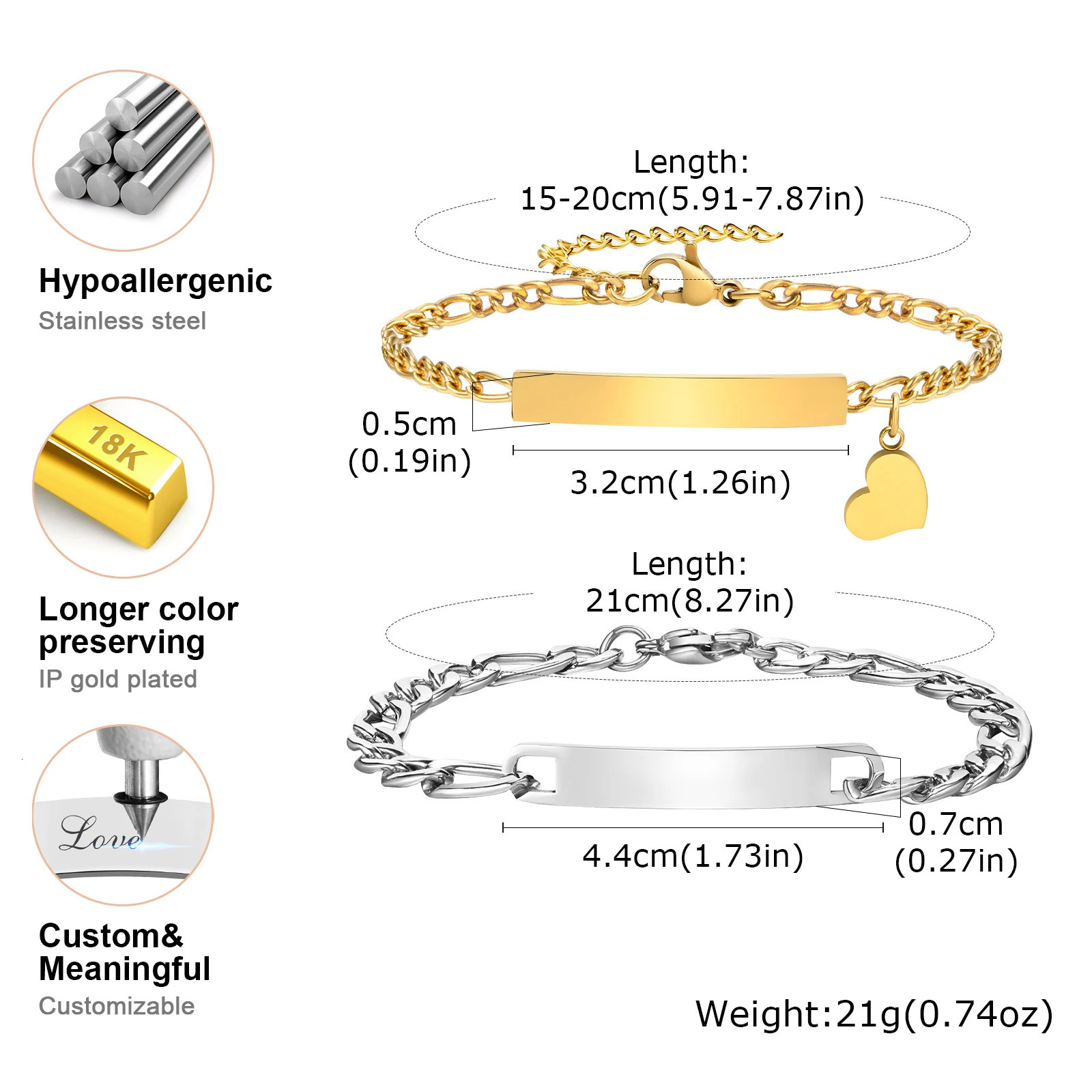 Vnox Custom Valentines Day Gift Jewelry for Couples Love Promise Bracelets for Women Men Heart Charm Figaro Chain Bracelets 250430