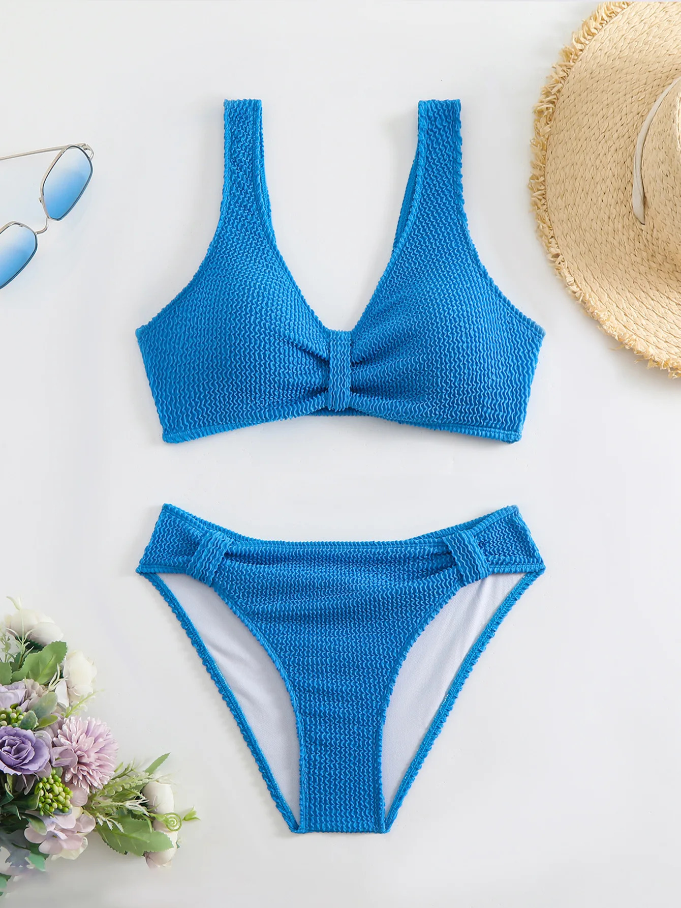2025 Summer Womens 2 Piece Swimsuit Solid Color High Waist Bikini Set V-neck Backless Beach Vacation Bathing Suit Swimwear 250428