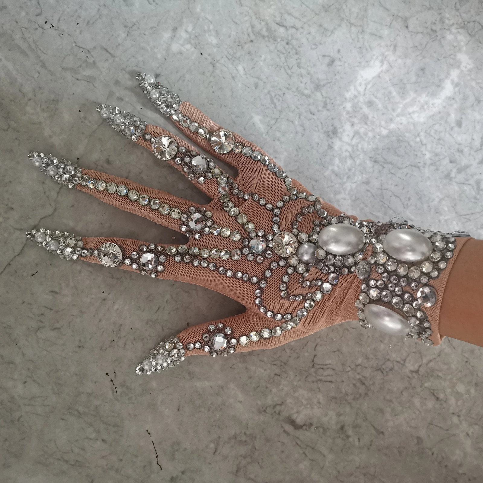 Rhinestone Pearls Short Mesh Gloves Shining Crystal Gloves Dancer Singer Nightclub Stage Performance Show Accessories 250420