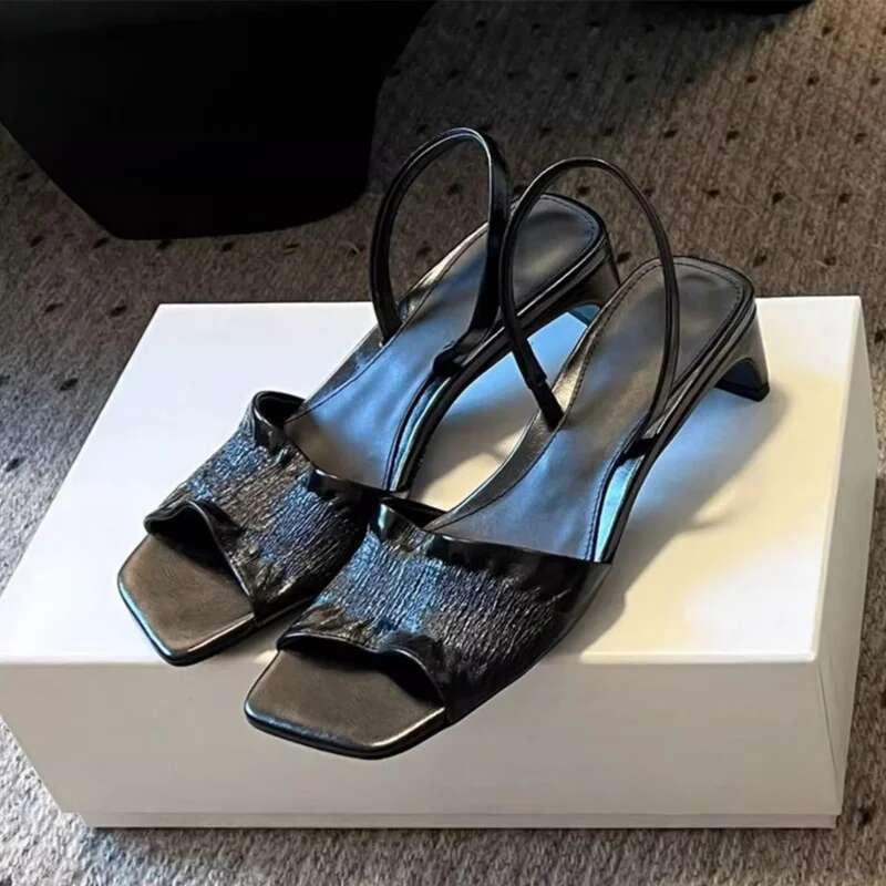 One Strap Wrinkle Design Women Open Genuine Low Sandals Fashion Party Dress Square Heel Pumps Office Shoes