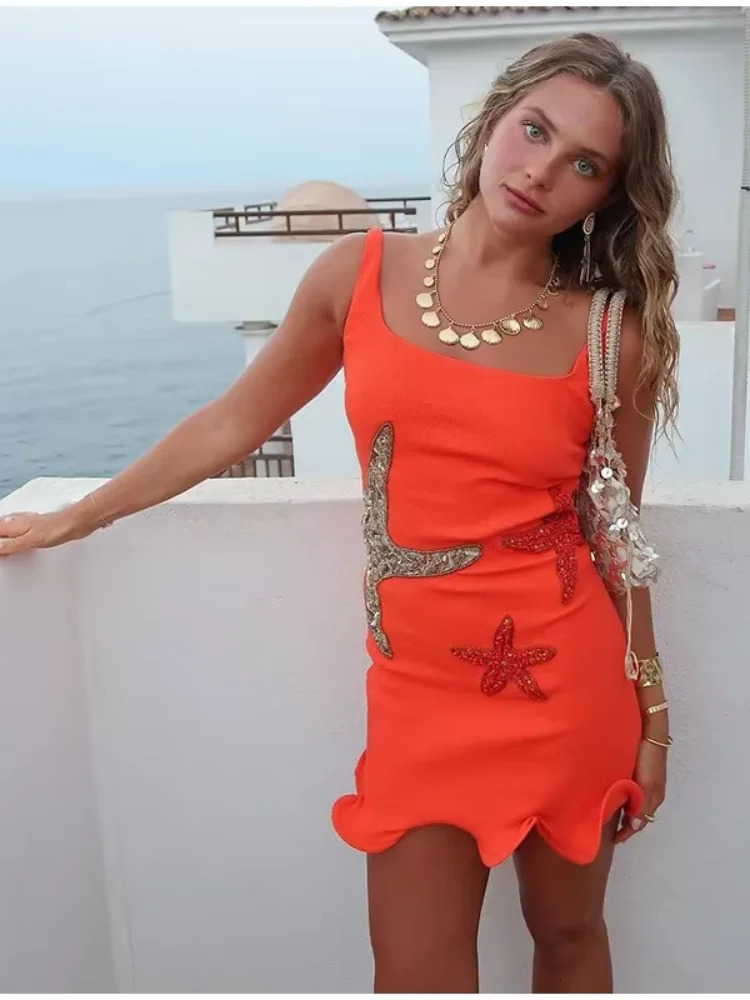 Women Fashion Shiny Starfish Sequins Ruffled Mini Dress Elegant Slim Square Neck Sling Dresses 2025 Spring Lady High Streetwear 250428