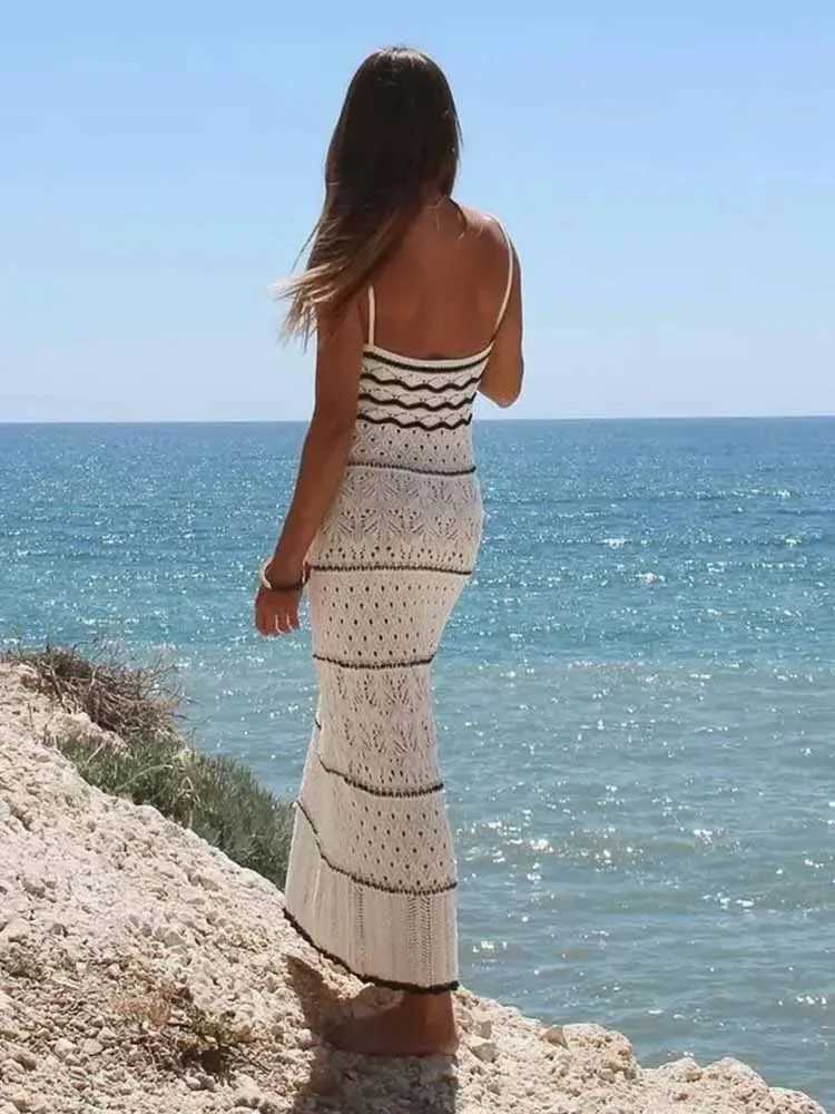 ZABA womens beach style crochet hollow ultra-thin suspender sweater long dress fashionable and elegant sleeveless spaghetti strap sexy dress W250430