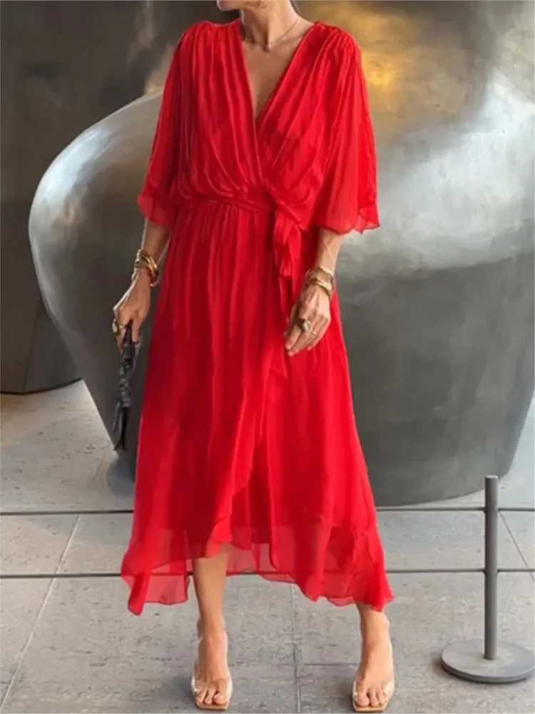 Elegant chiffon solid party dress suitable for women sexy V-neck bat sleeves lace ruffles irregular long dress casual robe W250430