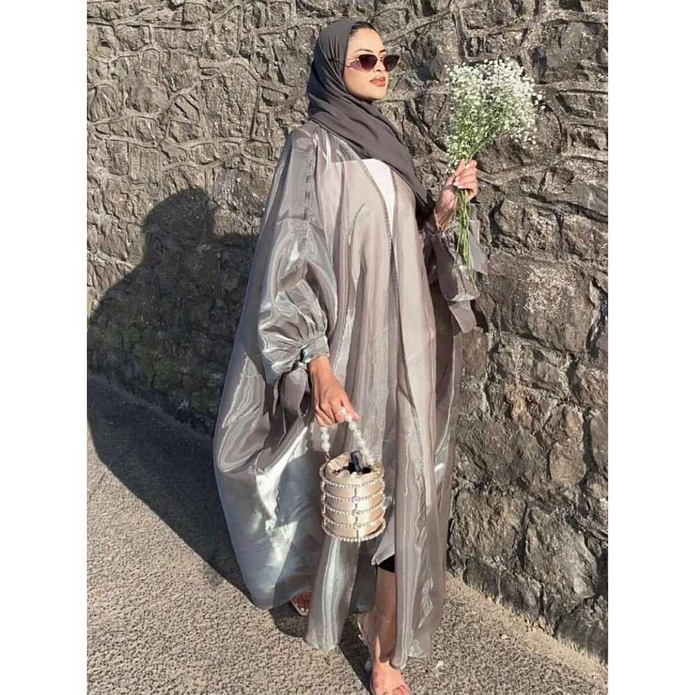 Summer Eid Djellaba Shiny Soft Puff Sleeves Silky Abaya Dubai Turkey Muslim Dress Islam Abayas Wy800
