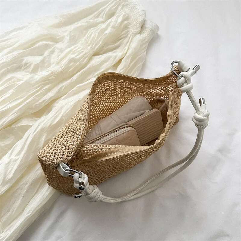 Woven Patchwork Casual Straw Shoulder Beach Tote Bag