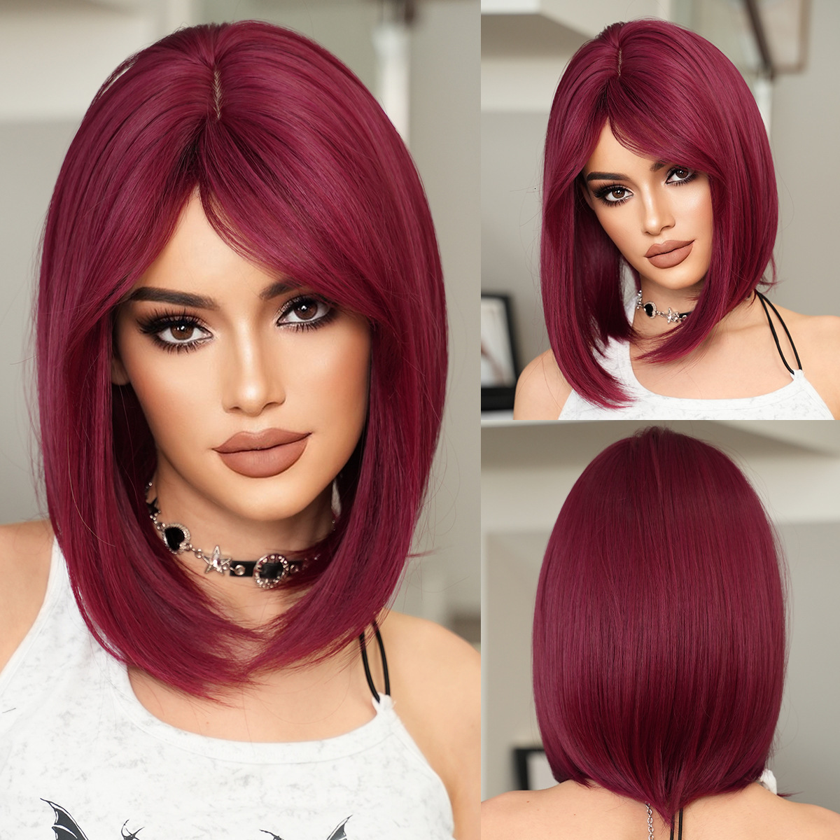 women Wig shoulder length straight hair gradient gold side split eight character bangs natural synthetic full head cover